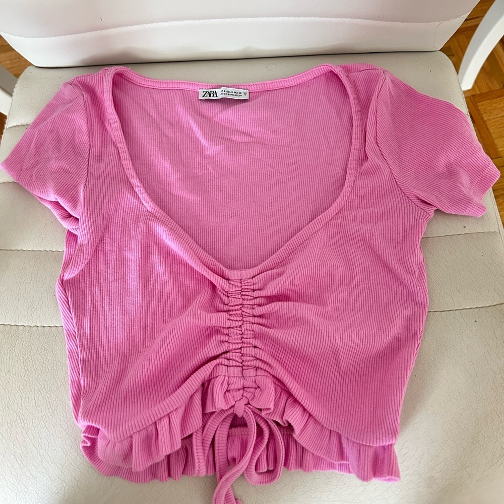 Zara Pink Ruched Tie Front Blouse